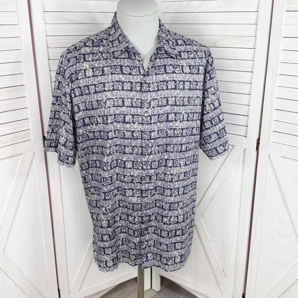 Tori Richard Tropical Print Cotton Lawn Button Up Camp Hawaiian Shirt Blue Large